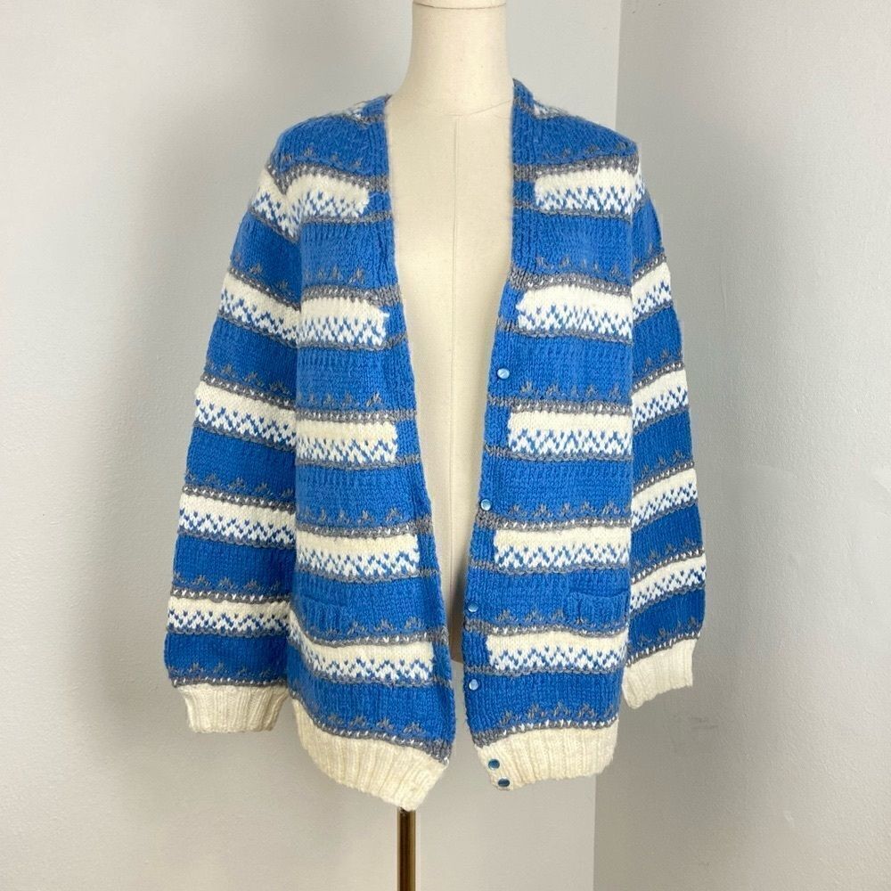 Hand Knitted‎ Vintage Cardigan Fair Isle Fisherman Sweater CabinCore Nordic M/L - Picture 12 of 12